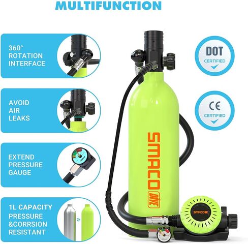 SMACO Mini Scuba Tank with Full Face Diving Mask,Reusable Lung Air Tank Sub Mask S400 Pro 1L Portable Mini Diving Tank Pony Bottle up to 20 Minutes Dive Time for Underwater Exploration Rescue in Saudi Arabia