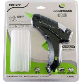 Surebonder Mini Hot Glue Gun With Dual Temperature, Includes 12 Glue Sticks, 20W, 120V, Bond a Variety of Materials Including Delicate Fabrics and Strong Woods & Metals (Plus Series DT-200FKIT)