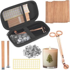 Yewltvep Wood Candle Wicks Set, 5.1 X 0.5 Inch Smokeless Natural Candle Cores, Long Lasting Flame Candle Making Kit with Case, Candle Wick Trimmer, Metal Base & Glue Dot for DIY Candle Making(50 Sets)