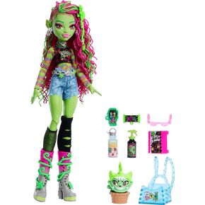 Monster High Venus McFlytrap Doll with Plant Monster Pet Cat Chewlian and Accessories Like Backpack, Notebook, Snacks and More