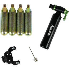 Asura 2sec Black Enclosed CO2 Tire Inflator with 4 16g 16 Gram Unthreaded CO2 cartridges Starter Pack, Including Bike Frame Mount and Inflation Needle