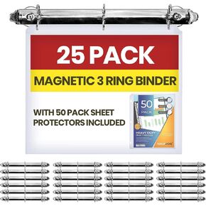 Magnetic Ring Binder Locking Mechanism, 1" D Shaped Rings, 25 Pack- for Hanging 8.5" x 11" Size Sheets of Paper, 225 Sheet Capacity, 50 Sheet Protectors Include