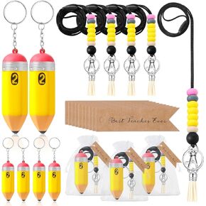 Landical 6 Sets Teacher Appreciation Week Gift 6 Pencil Beaded ID Badge Lanyard 6 Pencil Stress Balls Keychains 6 Best Teacher Ever Tag with Organza Bag for Teacher's Day Graduation Thank You Gift