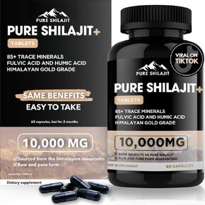 Pure Shilajit Capsules 10000mg Maximum Potency Organic Pills 60 Tablets with Fulvic Acid & Trace Minerals for Energy & Immune Support for Men and Women Natural Supplement from Himalayan Resin