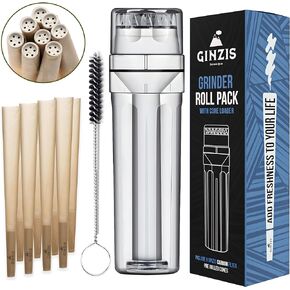 Ginzis 3-In-1 Herb Grinder Cone Loader Grinder Roller - Portable Grinder and Cone Filler, All-In-One Rolling Machine and Travel-Friendly Cone Storage - Includes 8 Carbon-Filtered Pre-Rolled Cones