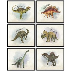 Dinosaur Wall Decor Art Prints (Set of 6) - Unframed - 8x10s | Set includes Tyrannosaurus Rex (T-Rex), Stegosaurus, Triceratops, Parasaurolophus, Apatosaurus, and Spinosaurus | Kids Wall Decor