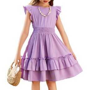 Arshiner Girls Dresses Flutter Sleeve A-Line Sundress Casual Summer Tiered Swing Midi Pocket Dress