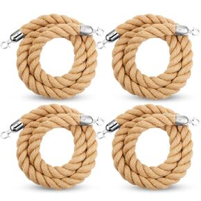 4 Pack Hemp Stanchion Ropes 6 Feet with Silver Hooks Queue Barrier Ropes for Crowd Control Braided Hemp Rope Barrier for Movie Theaters, Grand Openings, Celebrations(Jute)