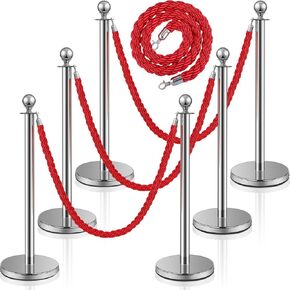 Ferraycle Stanchions and Braided Ropes Set, Crowd Control Stanchion Silver Stainless Steel Stanchions with 5 ft Rope Safety Barriers, Crowd Control Barriers Braided Ropes and Posts (8 Pcs)
