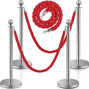 Ferraycle Stanchions and Braided Ropes Set, Crowd Control Stanchion Silver Stainless Steel Stanchions with 5 ft Rope Safety Barriers, Crowd Control Barriers Braided Ropes and Posts (8 Pcs)
