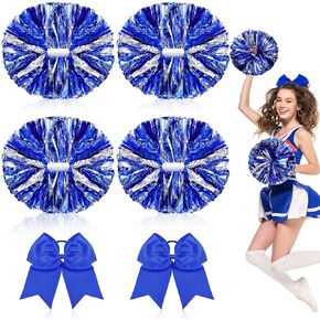 Hanaive 6 Pcs 13 Inch Cheerleading Pom Poms and Large Bows for Girl Cheer Poms Metallic Poms with Handle for Softball Dance (Blue)