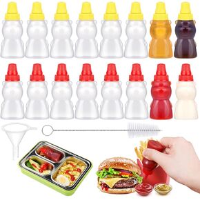 Hoemwarm 18Pcs Mini Condiment Squeeze Bottles Set,16 Pcs 25 Ml Bear Shaped Mini Ketchup Bottle for Lunch Box with Cleanbrush Funnel Accessories for Ketchup, Liquids, Sauces Syrup