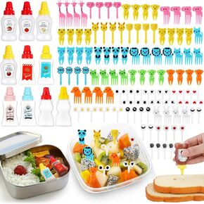 Sunnychicc 130 Pcs Bento Box Accessories for Kid Including 8 Pcs Plastic Portable Mini Ketchup Bottles 2 Pcs Bear Shaped Condiment Squeeze Bottle 120 Pcs Animal Food Picks for Salad Dressing Soy Sauce