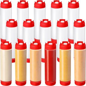 Roshtia 16 Pcs Inverted Plastic Squeeze Bottle 16 oz Refillable Condiment Bottles Self Sealing Sauce Dispenser for Thick Condiments Sauces Batter Dressing Catering Food Trucks Restaurant (Red)