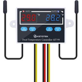 KT99 Temperature Controller 120V 10A Digital Thermostat Regulator Switch Dual 1.5m Waterproof Probe for Heater Cooler Fahrenheit Display Aquarium