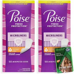 Poise Microliners, Longest Length - Incontinence 1 Drop Lightest Absorbency, 50 Count (2 Pack - Total of 100 Liners) and Vital Volumes Skin Care Basics Tips Card | Bundle (100 Liners)