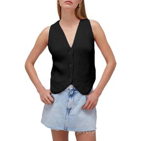 Bgylu Womens Sleeveless Knit Vest Top Loose Button Down V Neck Crochet Vest Sweater Tank Top Y2k Streetwear