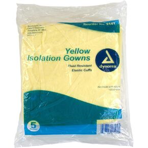 Dynarex Disposable Isolation Gowns, Fluid Resistant Universal, Yellow, Universal Size, 5/cs