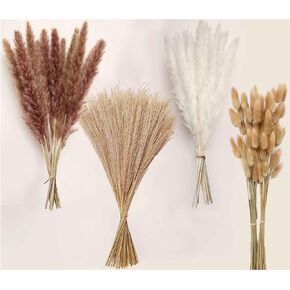 Dried Pampas Grass, Boho Decor 130PCS Natural Reed Phragmites Grass + Brown & White Pampas Grass + Bunny Tails Flowers Bouquet for Wedding Floral Arrangements Home Table Wall, Rustic Farmhouse Party