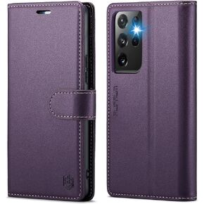 حافظة محفظة FLIPALM لهاتف Samsung Galaxy S21 Ultra مع حامل بطاقة الائتمان RFID، غطاء واقٍ من جلد البولي يوريثان بمسند قلاب ومضاد للصدمات للنساء والرجال لهاتف Samsung S21 Ultra (أرجواني)