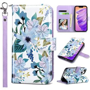 ULAK Compatible with iPhone 14 Wallet Case for Women, Premium PU Leather Flip Cover with Card Holder, Kickstand Feature Protective Purse Case for iPhone 14 2022 6.1 Inch, Black Flower