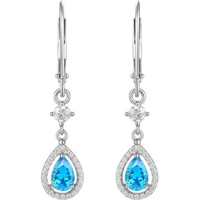 YL Silver Dangle Earrings 6x4mm Halo Leverback Earrings For Women Teardrop Created Birthstone Jewelry Gifts