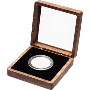 COSISO Single Walnut Wood Challenge Coin Presentation Display Gift Box Storage Case with Clear Top and Plastic Coin Capsules with Adjustable Gasket