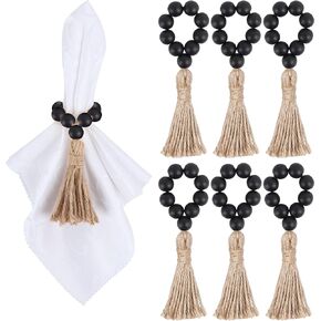 Meplait 6 Pieces Wooden Bead Napkin Rings, Farmhouse Stretchable Napkin Rings with Tassel Boho Napkin Rings for Dining Table,Wedding Decoration (Nature)