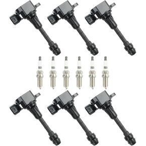 AUTOKAY Ignition Coils pack UF401 & Iridium Spark Plugs NGK4469 Set of 6 for INFINITI FX35 G35 I35 M35 QX4 for Nissan 350Z Altima Frontier 3.5L 4.0L V6 Replacement for C1439 22448-AL615