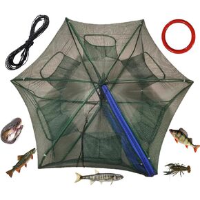 Grinmood Minnow Trap 6 Hole Portable Folding Umbrella Fishing Net Trap PE mesh Iron Frame Crab Pots with Floating Ring and Rope for Catching Live Bait Fish Crawfish Shrimp Trout Crab