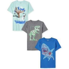 The Children's Place Boys' Short Sleeve Graphic T-Shirt 3-Pack, Dino/Shark/Dino & Shark, Small (5/6)