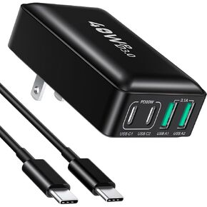 USB C Charger Block, Excgood 40W Flat 4Port USB Wall Plug Dual PD QC Fast Charging Travel Power Adapter Multiport Compatible with iPhone 15 iPad Pro Galaxy S24 Ultra, with 6ft USB C to C Cable