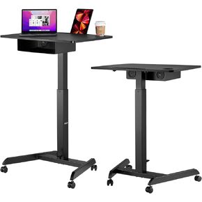 AVLT 44" Height Adjustable Foot Pedal Rolling Desk with Shelf (3 ft 8 inches) - Pneumatic Laptop Standing Desk Cart - Mobile Laptop Cart - White Computer Projector Cart with Brake Casters