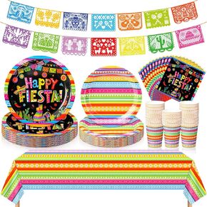 Blushtier 98 Pcs Mexican Party Decorations Cinco De Mayo Mexican Dinnerware Set Mexican Party Banner Fiesta Tablecloth Cups Fiesta Plates and Napkins for Pinata Taco Theme Party Supplies, Serves 24
