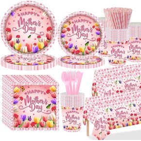 Mother's Day Party Supplies - Mother’s Day Party Plates, Napkins, Plastic Folks, Knives and Spoons for Mothers Day Party Decorations, 16 Guests