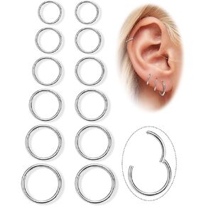 LOAYHOAY 12Pcs 16G 316L Stainless Steel Hinged Clicker Segment Septum Nose Rings Hoop Helix Cartilage Daith Tragus Earrings Lip Hoop for Women Men Sleeper Earrings Body Piercing Jewelry 7-14mm