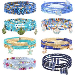 Vaquty 24-39in Waist Bead for Women Elastic Sea Shell Waist Beads Layered Pendant Belly Beads Set Body Chain Jewelry for Summer Bikini Beach