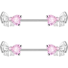 VERAMI 14G Stainless Steel Bowknot Nipple Rings 316L Heart CZ Nipple Barbell Rings Body Piercing for Women