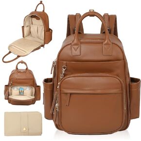 Omanmoli Diaper Bag Backpack,Leather Baby Bag with 16 Pockets,Large Travel Diaper Backpack,Baby Essential Organizer,4 Insulated Pockets,Changing Pad,Brown