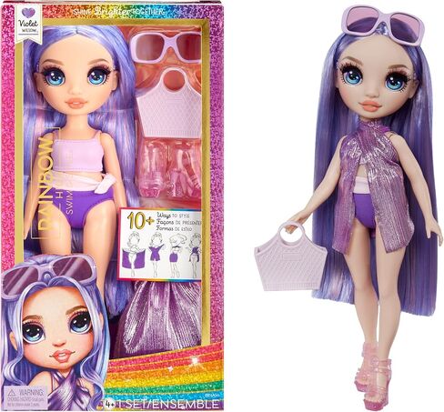 دمية أزياء Rainbow High Swim & Style Violet، أرجوانية مقاس 11 بوصة مع غلاف لامع لأسلوب أكثر من 10 طرق، بدلة سباحة قابلة للإزالة، صنادل، ملحقات لعب ممتعة، هدية رائعة للفتيات والأطفال من سن 4 إلى 12 عامًا in Kuwait