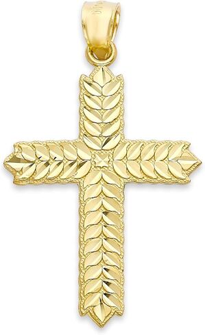 Solid Gold Two Tone Cross with Floral Design Pendant in 10k or 14k, Religious Jewelry in Saudi Arabia