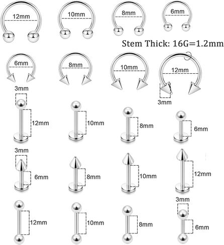 MONAZEO 40 قطعة 16 جرام حلقات شفاه من الفولاذ الجراحي مجوهرات لدغة الثعبان مجوهرات Labret مجوهرات Monroe Lip Barbell Ring Daith Tragus Helix ثقب الأنف خاتم الحاجز للنساء والرجال 6 مم/8 مم/10 مم/12 مم in Kuwait
