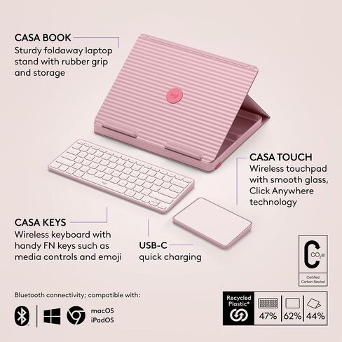 Logitech Casa Pop Up Desk Work From Home Kit with Laptop Stand, Wireless Keyboard & Touchpad, Bluetooth, USB C Charging, for Laptop/MacBook (10" to 17") - Windows, macOS, ChromeOS - Bohemian Blush in Saudi Arabia
