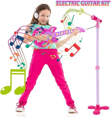 مجموعة جيتار موسيقية بميكروفون كوهرني للأطفال، لعبة جيتار مع ميكروفون جيتار كهربائي مع أضواء وأصوات موسيقية، أوضاع متعددة للأولاد والبنات، مجموعات هدايا 19 بوصة (وردي) in Kuwait