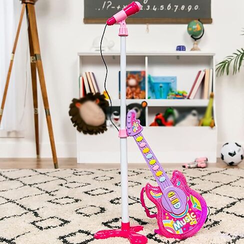 مجموعة جيتار موسيقية بميكروفون كوهرني للأطفال، لعبة جيتار مع ميكروفون جيتار كهربائي مع أضواء وأصوات موسيقية، أوضاع متعددة للأولاد والبنات، مجموعات هدايا 19 بوصة (وردي) in Kuwait