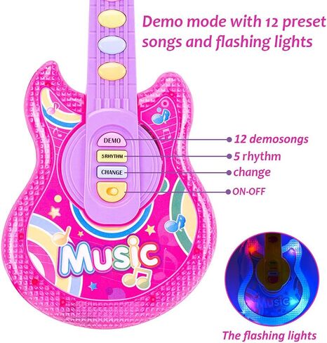 مجموعة جيتار موسيقية بميكروفون كوهرني للأطفال، لعبة جيتار مع ميكروفون جيتار كهربائي مع أضواء وأصوات موسيقية، أوضاع متعددة للأولاد والبنات، مجموعات هدايا 19 بوصة (وردي) in Kuwait