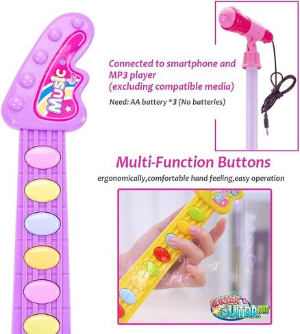 مجموعة جيتار موسيقية بميكروفون كوهرني للأطفال، لعبة جيتار مع ميكروفون جيتار كهربائي مع أضواء وأصوات موسيقية، أوضاع متعددة للأولاد والبنات، مجموعات هدايا 19 بوصة (وردي) in Kuwait