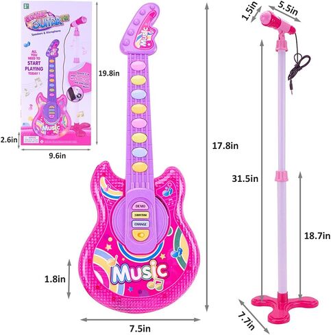 مجموعة جيتار موسيقية بميكروفون كوهرني للأطفال، لعبة جيتار مع ميكروفون جيتار كهربائي مع أضواء وأصوات موسيقية، أوضاع متعددة للأولاد والبنات، مجموعات هدايا 19 بوصة (وردي) in Kuwait