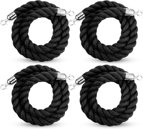Windyun 4 عبوات من حبال القنب بطول 6 أقدام مع خطافات فضية، حبال حاجز طابور للتحكم في الحشود، حاجز حبل القنب المضفر لمسارح الأفلام، والفتحات الكبرى، والاحتفالات (أسود) in Kuwait