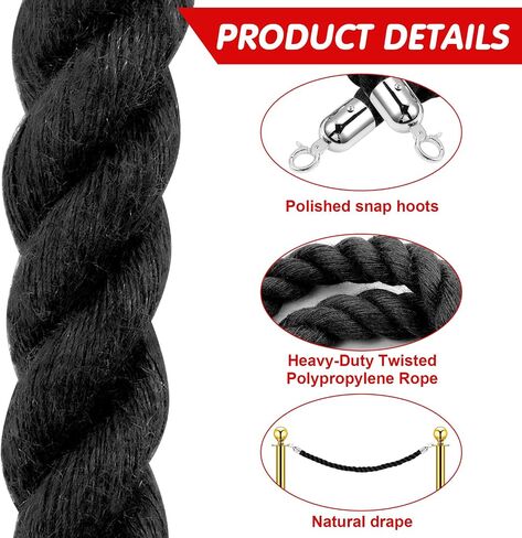 Windyun 4 عبوات من حبال القنب بطول 6 أقدام مع خطافات فضية، حبال حاجز طابور للتحكم في الحشود، حاجز حبل القنب المضفر لمسارح الأفلام، والفتحات الكبرى، والاحتفالات (أسود) in Kuwait